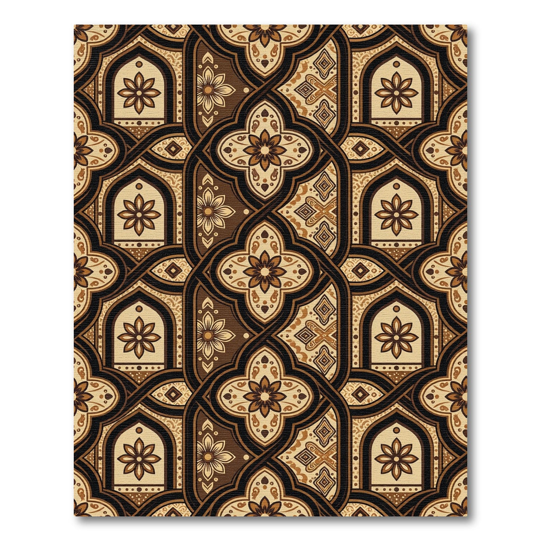Elegant Brown Floral Arch Interlaced Tile Rug
