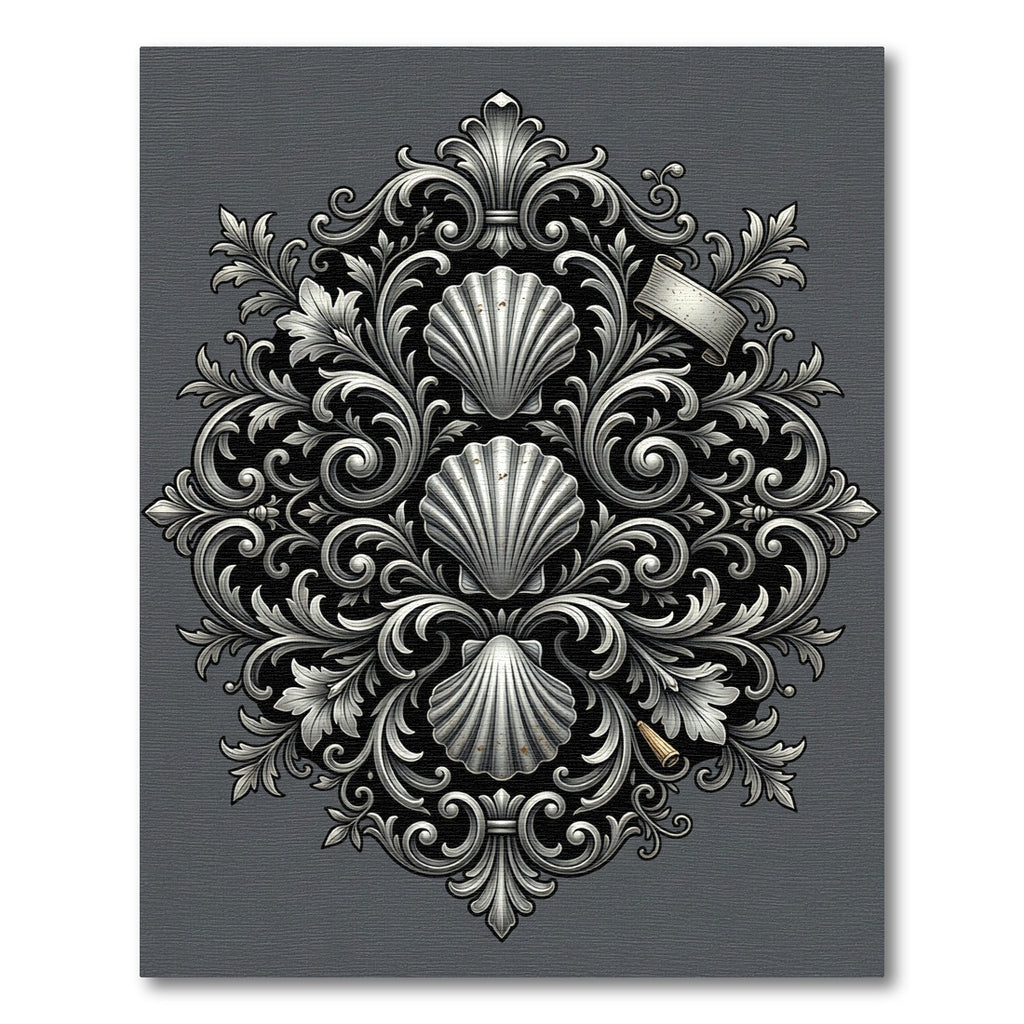 Elegant Silver Scalloped Shell Damask Rug