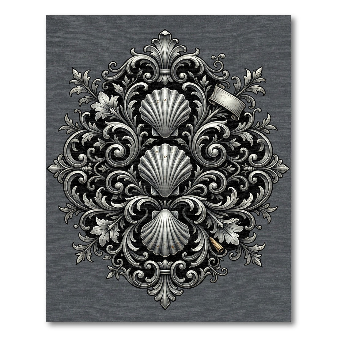 Elegant Silver Scalloped Shell Damask Rug