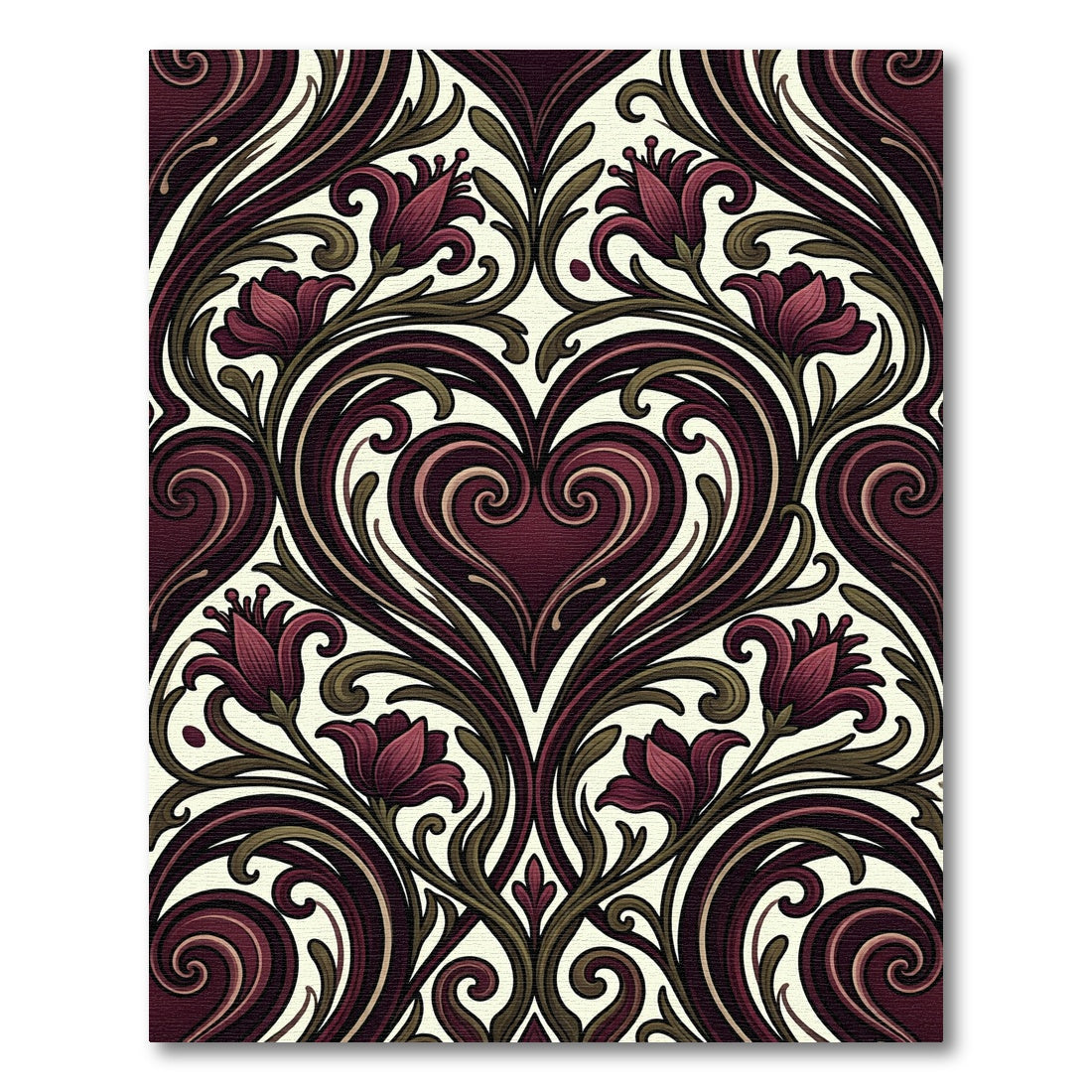 Dark Burgundy Heart Floral Damask Rug