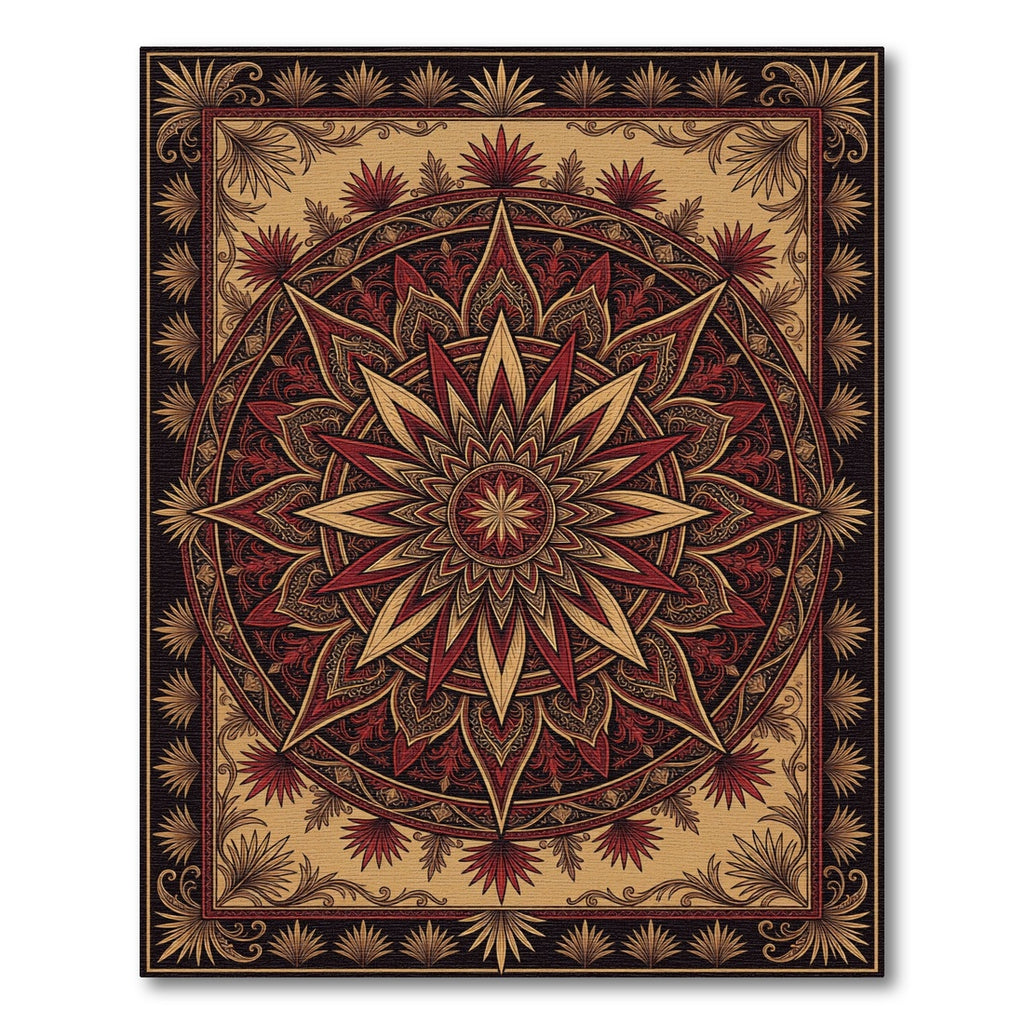 Crimson Gold Starburst Mandala Rug