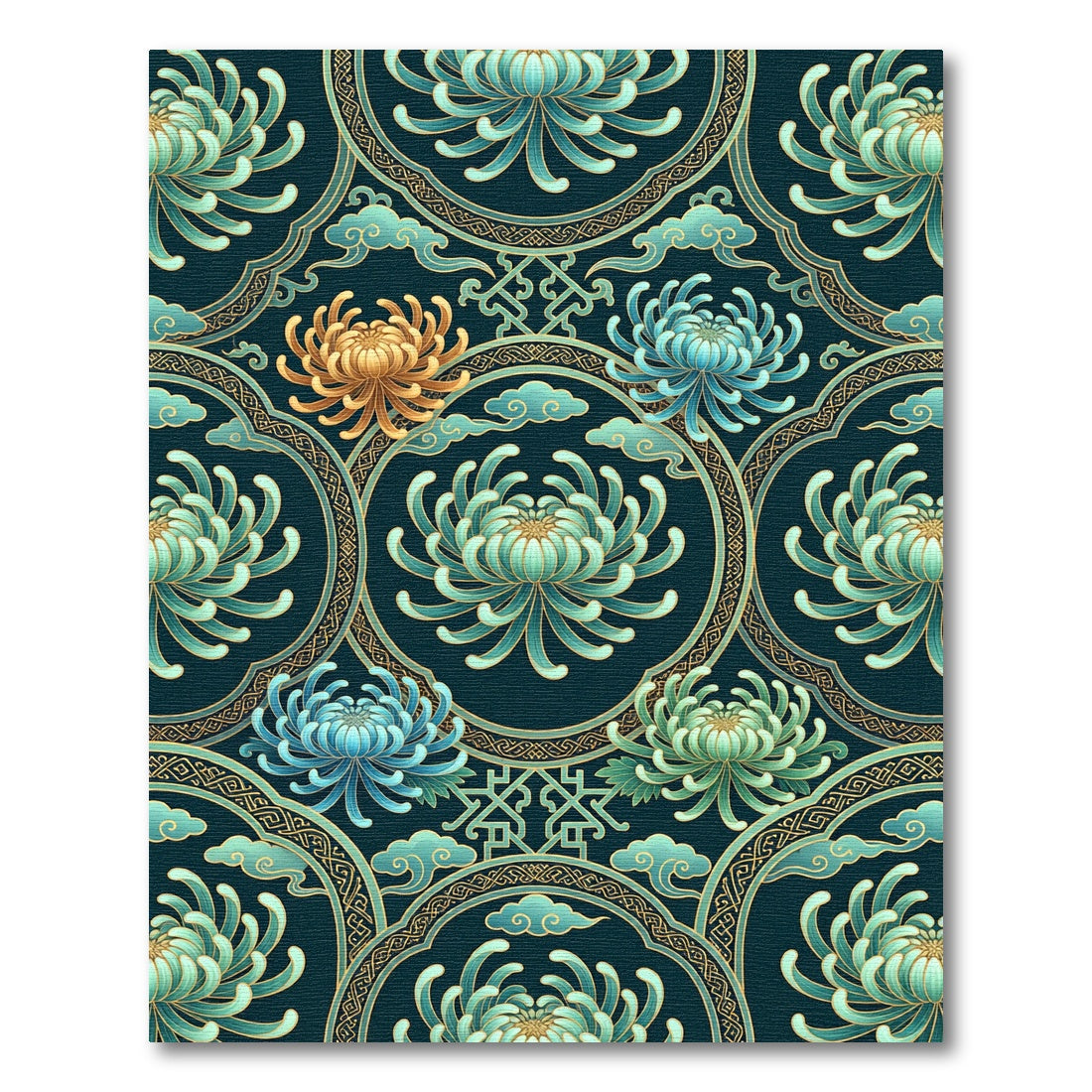 Teal Golden Chrysanthemum Floral Medallion Rug