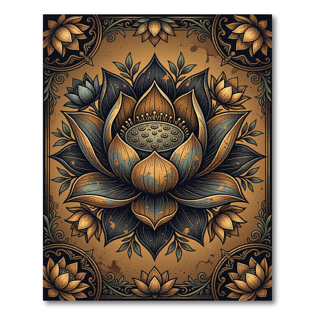 Metallic Gold and Slate Lotus Flower Rug