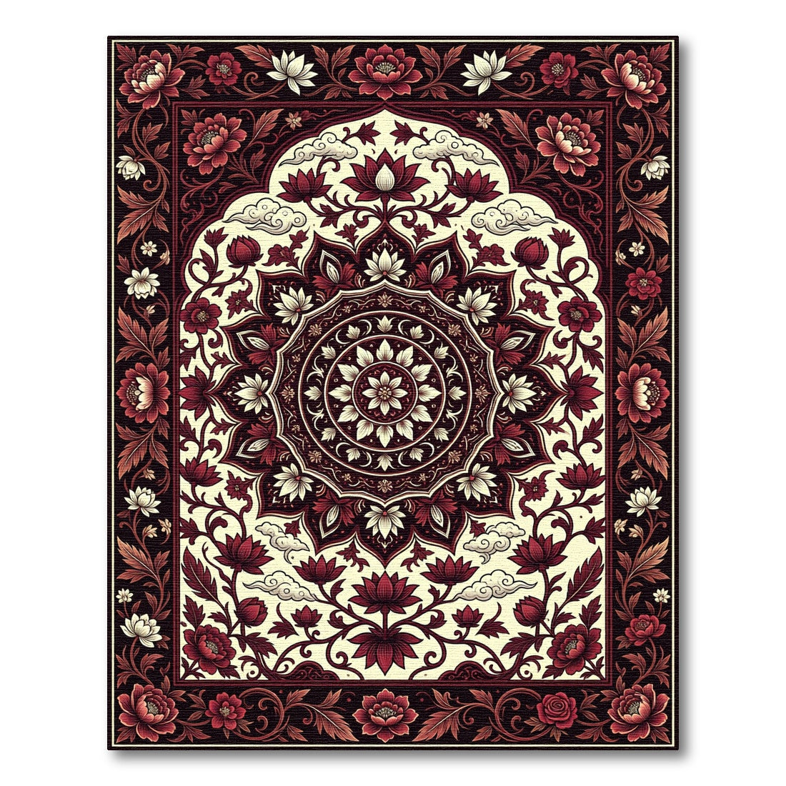 Crimson Floral Medallion Lotus Art Rug