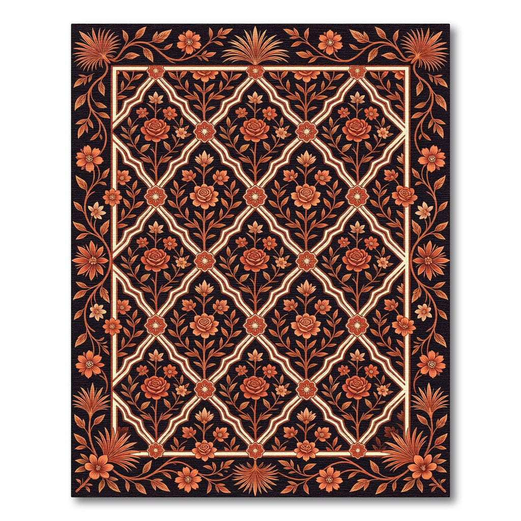 Terracotta Floral Lattice Scrollwork Rug