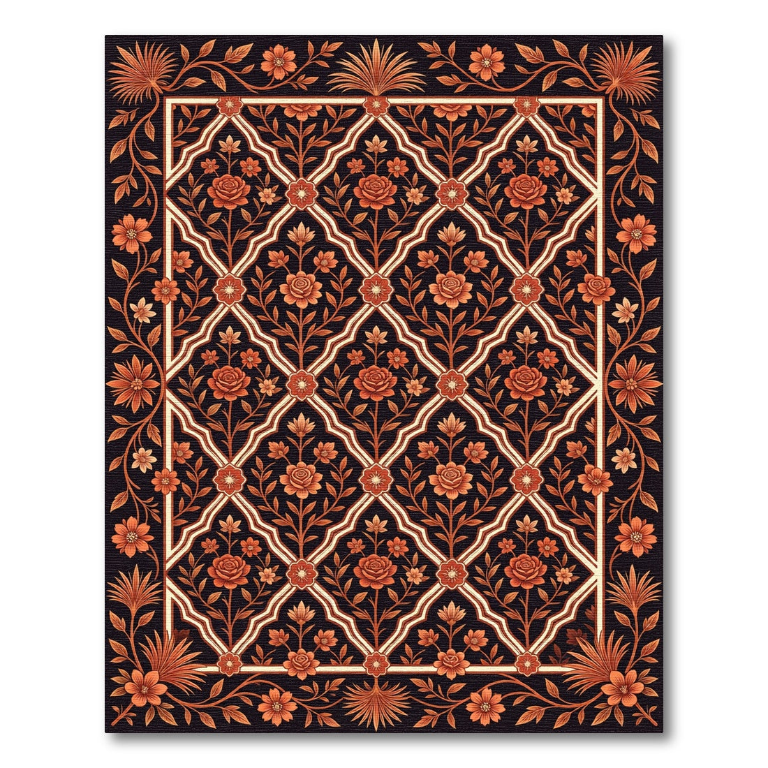Terracotta Floral Lattice Scrollwork Rug