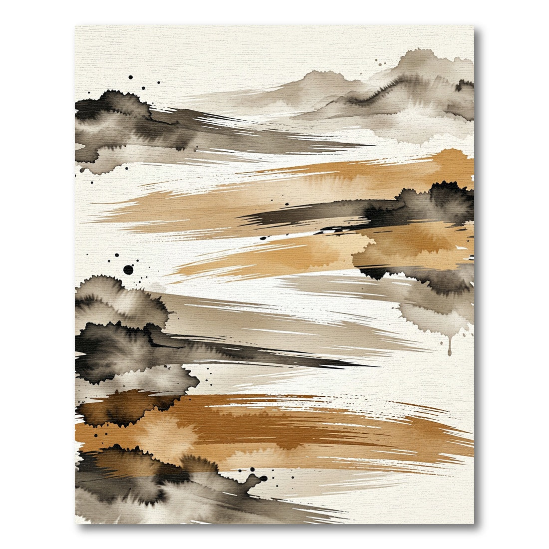 Earthy Golden Ink Brushstroke Abstract Rug