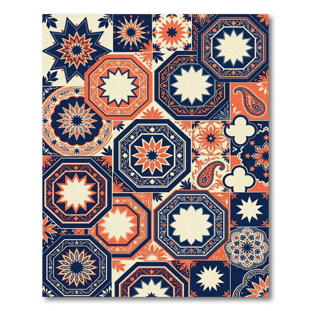 Navy and Tangerine Geometric Octagon Medallion Rug