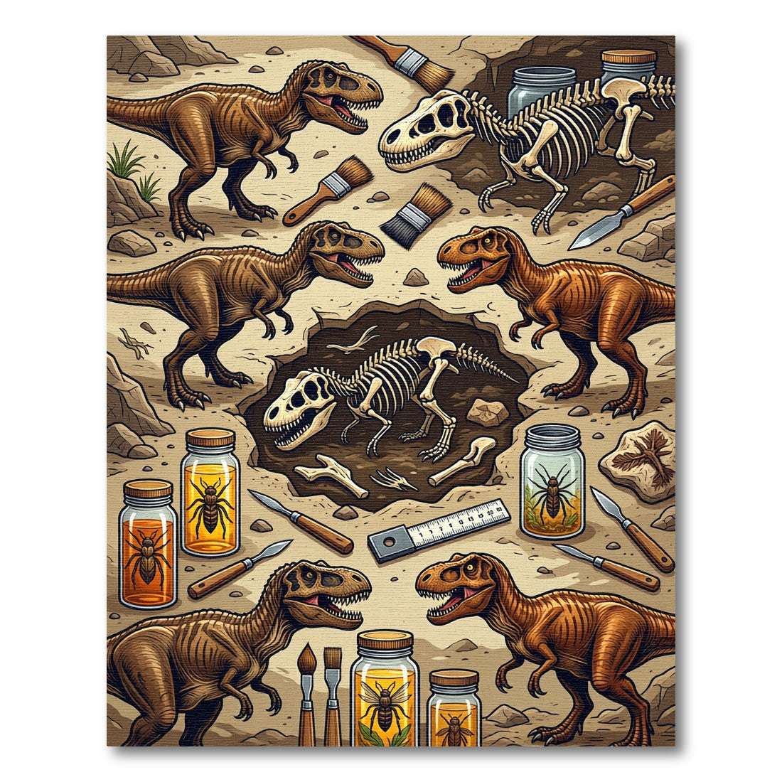 Prehistoric Fossil Dinosaur Excavation Earth Tones Rug