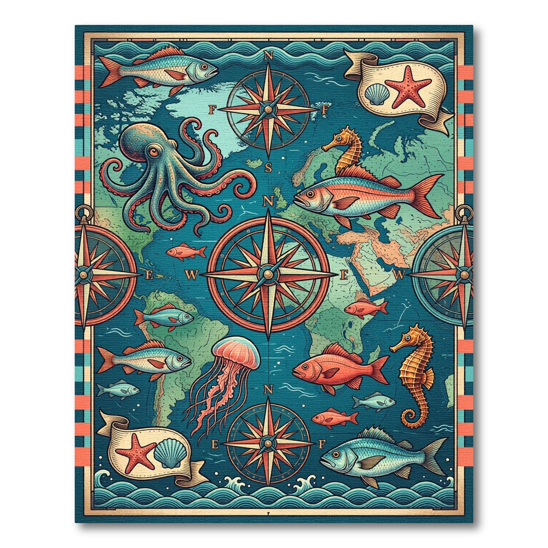 Nautical Compass Sea Creature Marine Map Rug