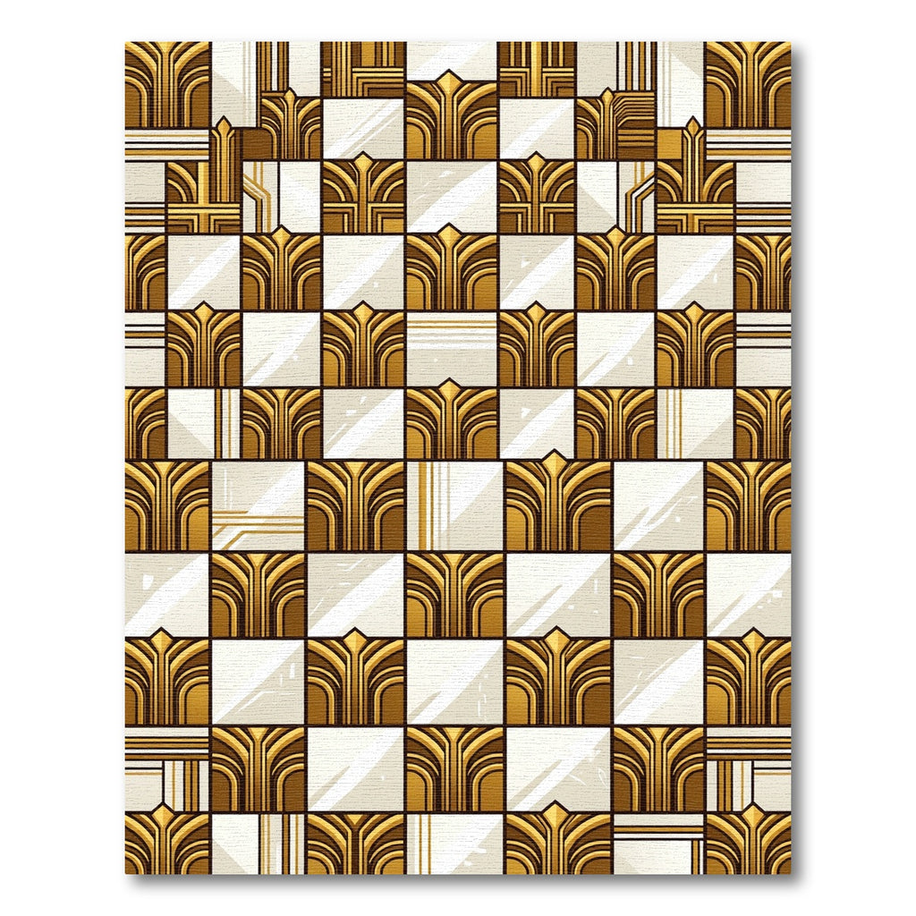 Gold White Art Deco Geometric Squares Rug