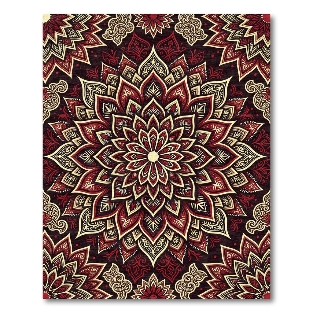 Deep Red Gold Floral Mandala Rug