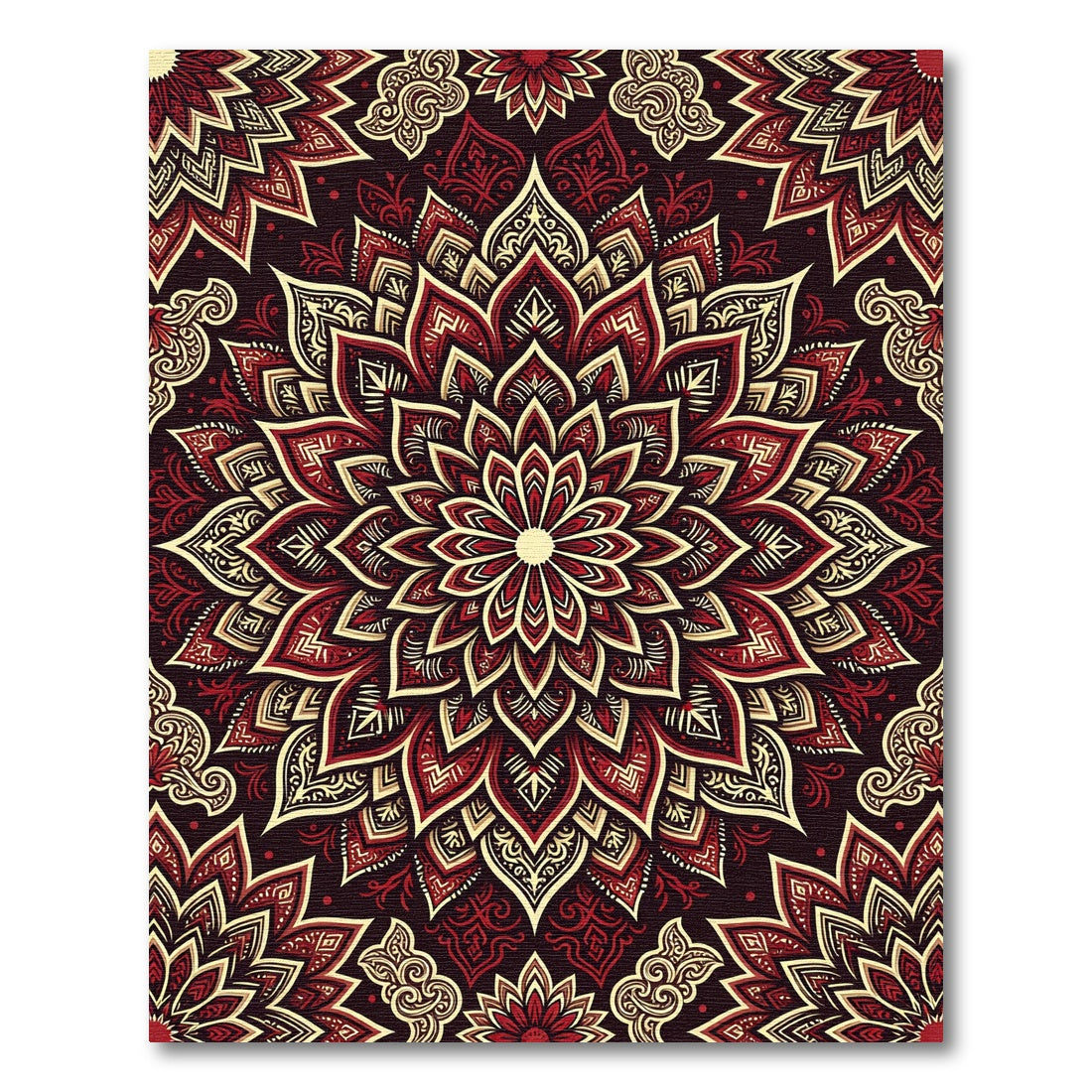 Deep Red Gold Floral Mandala Rug
