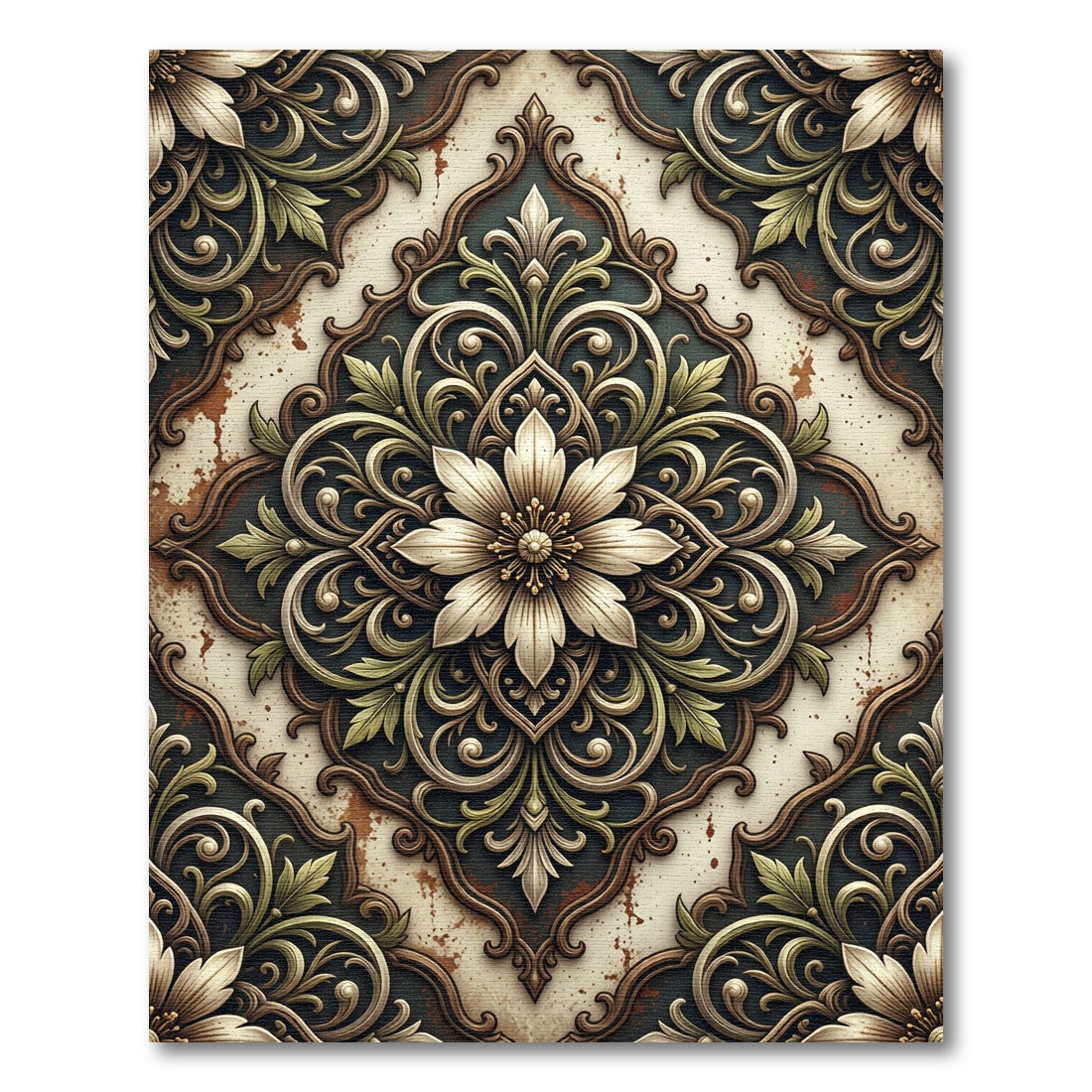 Ornate Floral Medallion Earthy Scrollwork Rug