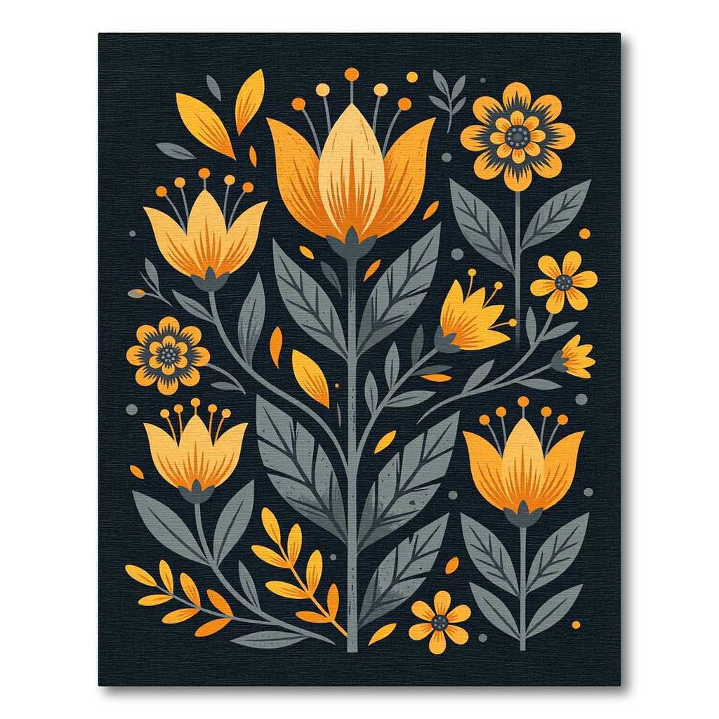 Modern Golden Floral Botanical Illustration Rug