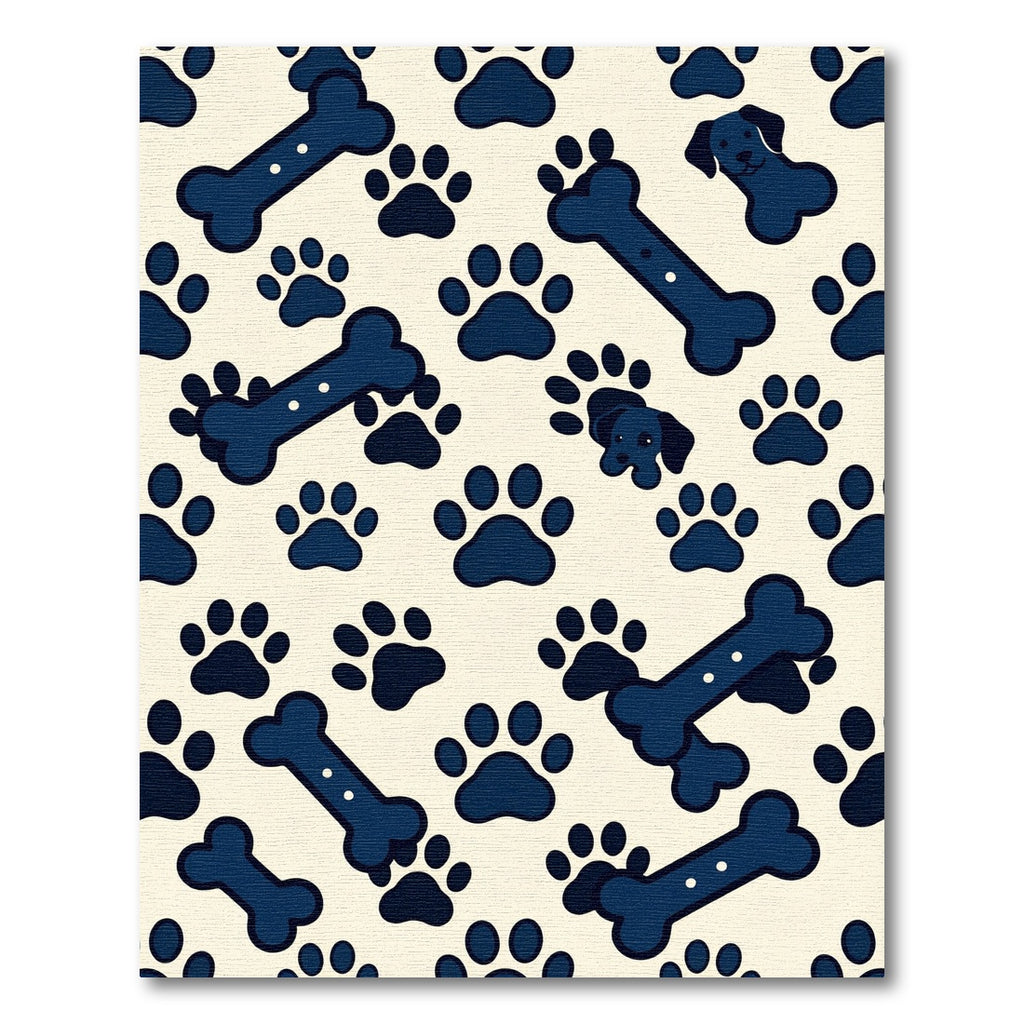 Playful Navy Dog Paw Bone Illustration Rug