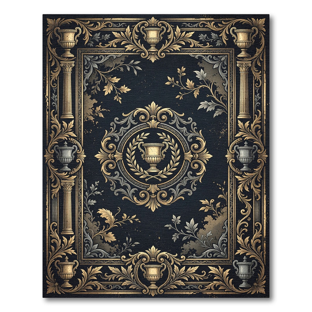 Ornate Gold and Navy Neoclassical Urn Rug