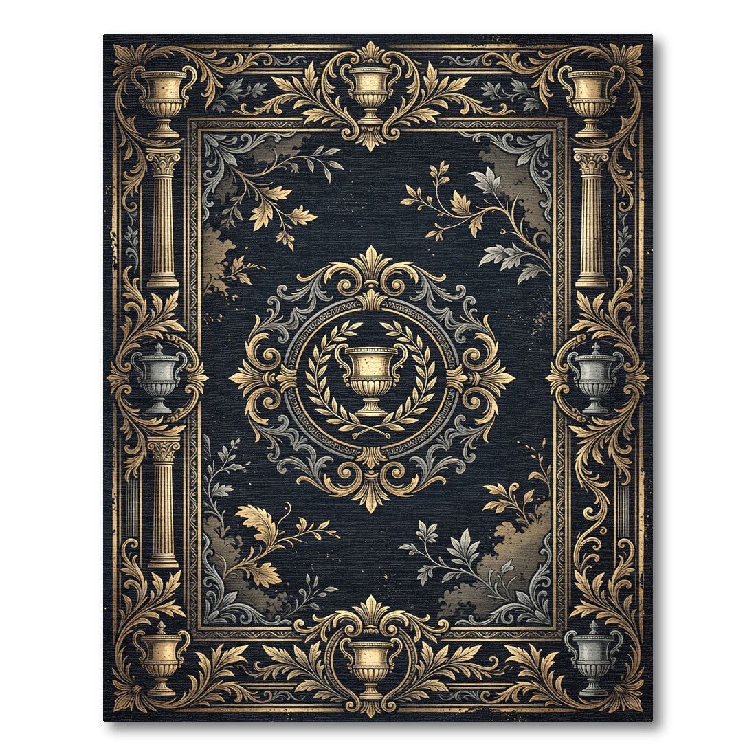 Ornate Gold and Navy Neoclassical Urn Rug