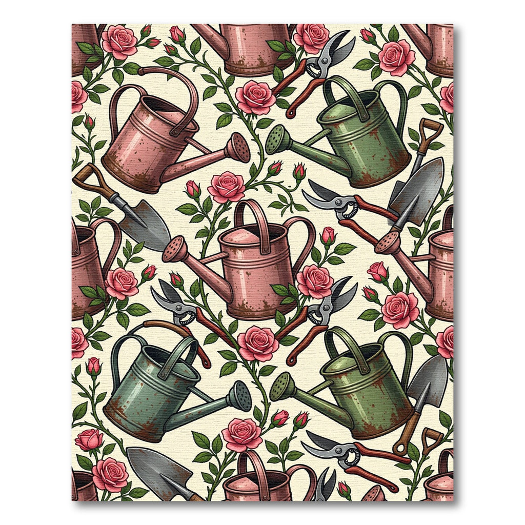 Vintage Gardening Tool and Rose Botanical Rug