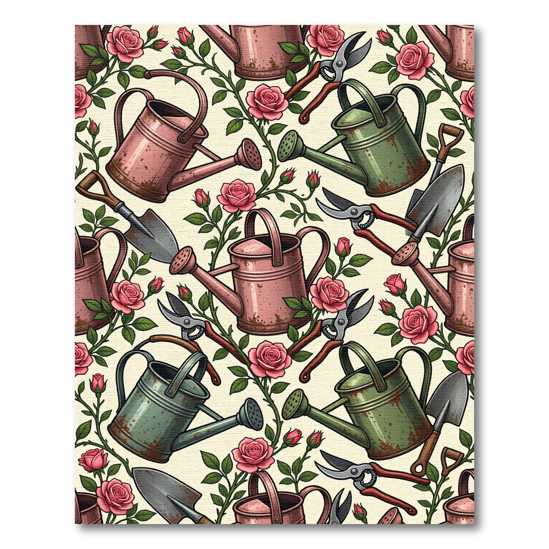 Vintage Gardening Tool and Rose Botanical Rug