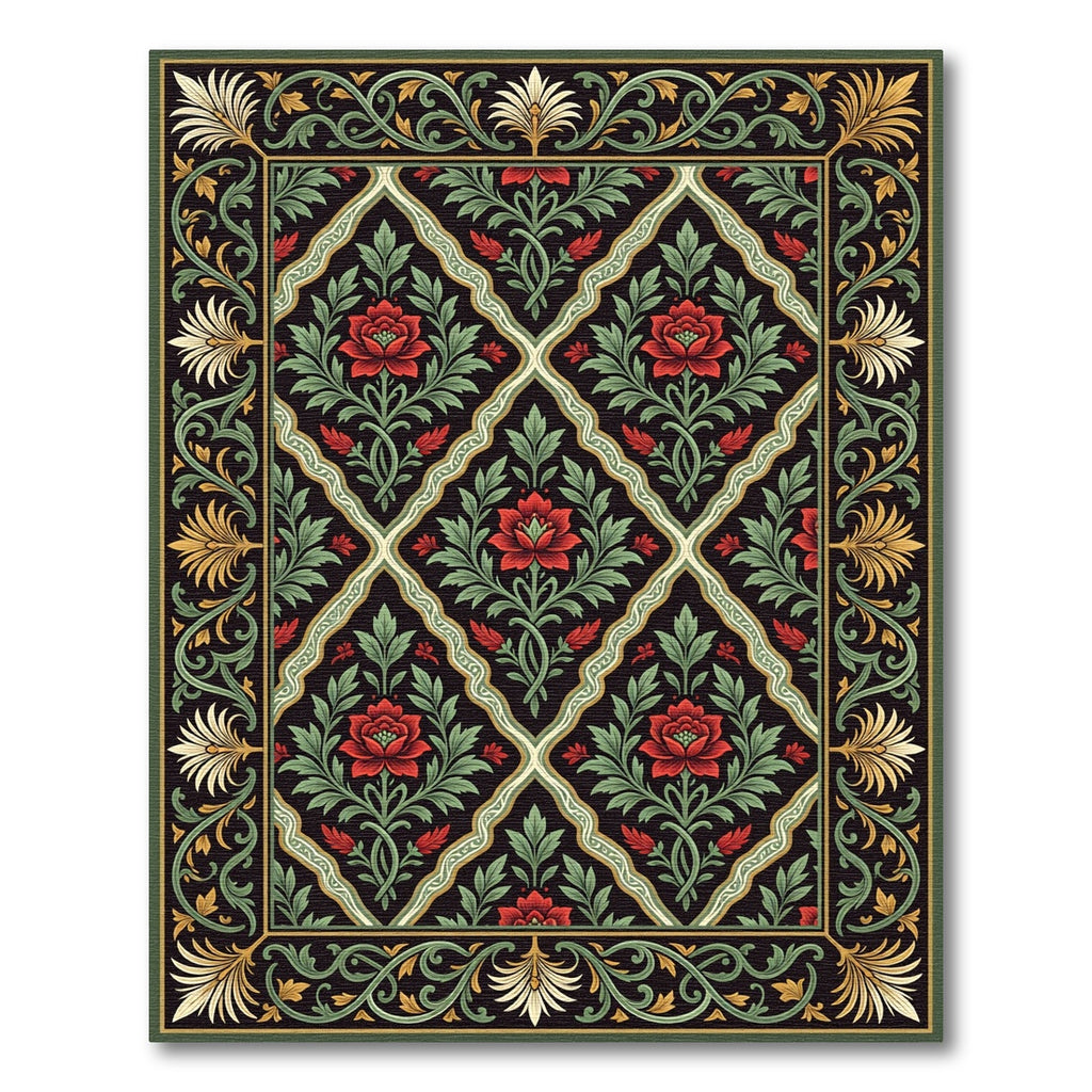 Elegant Black Floral Diamond Lattice Rug