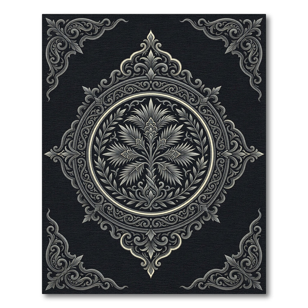 Monochromatic Ornate Floral Scrollwork Rug