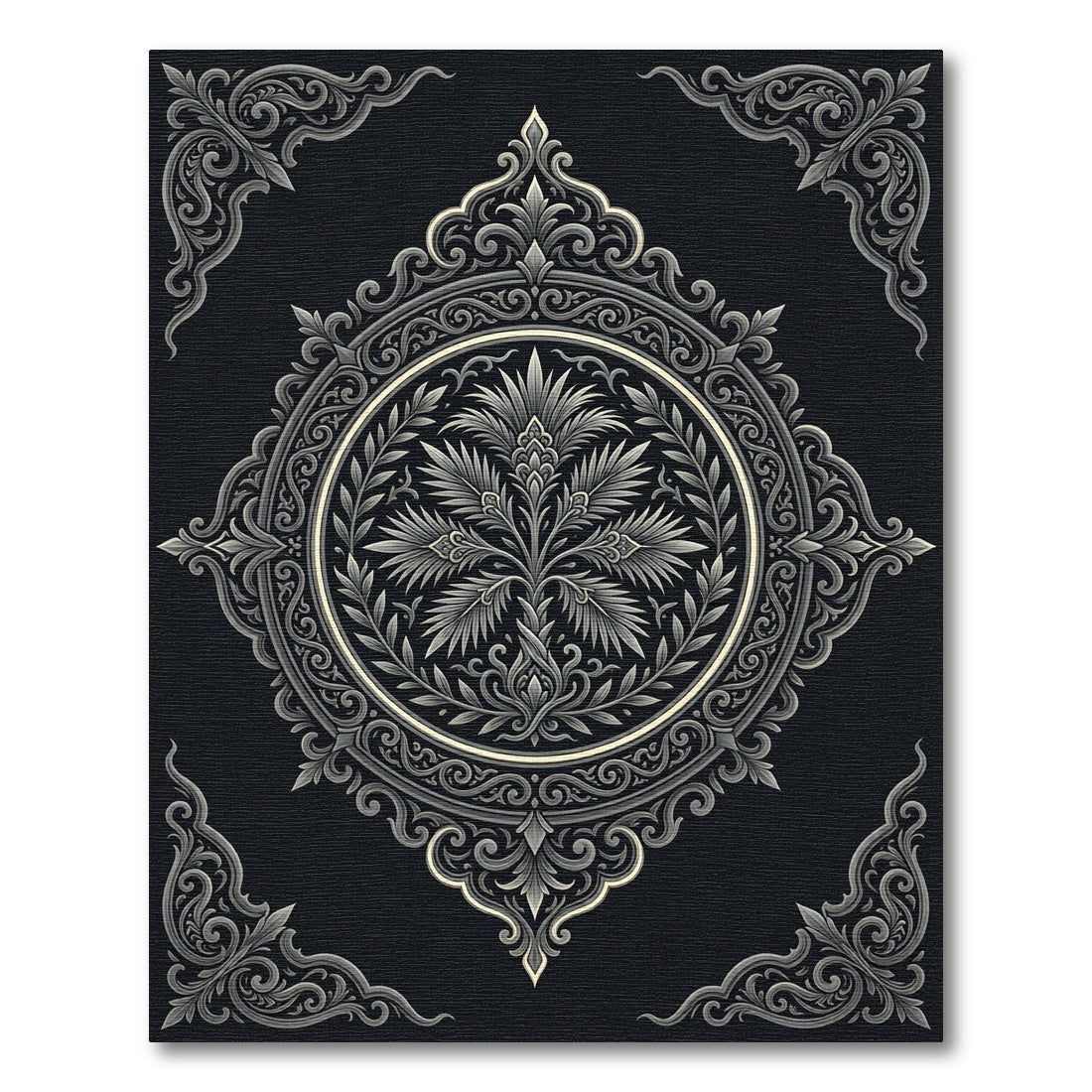 Monochromatic Ornate Floral Scrollwork Rug