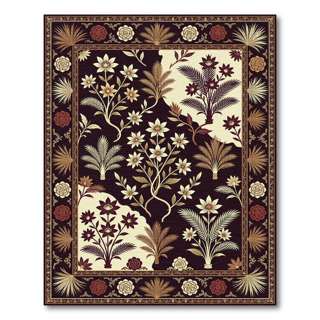 Rich Burgundy Floral Botanical Arrangement Rug