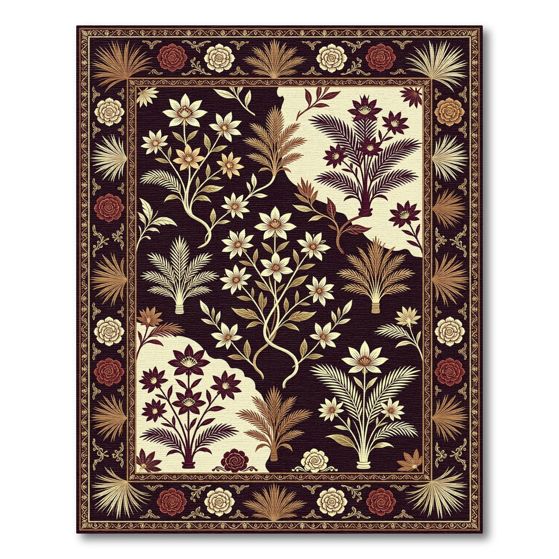 Rich Burgundy Floral Botanical Arrangement Rug