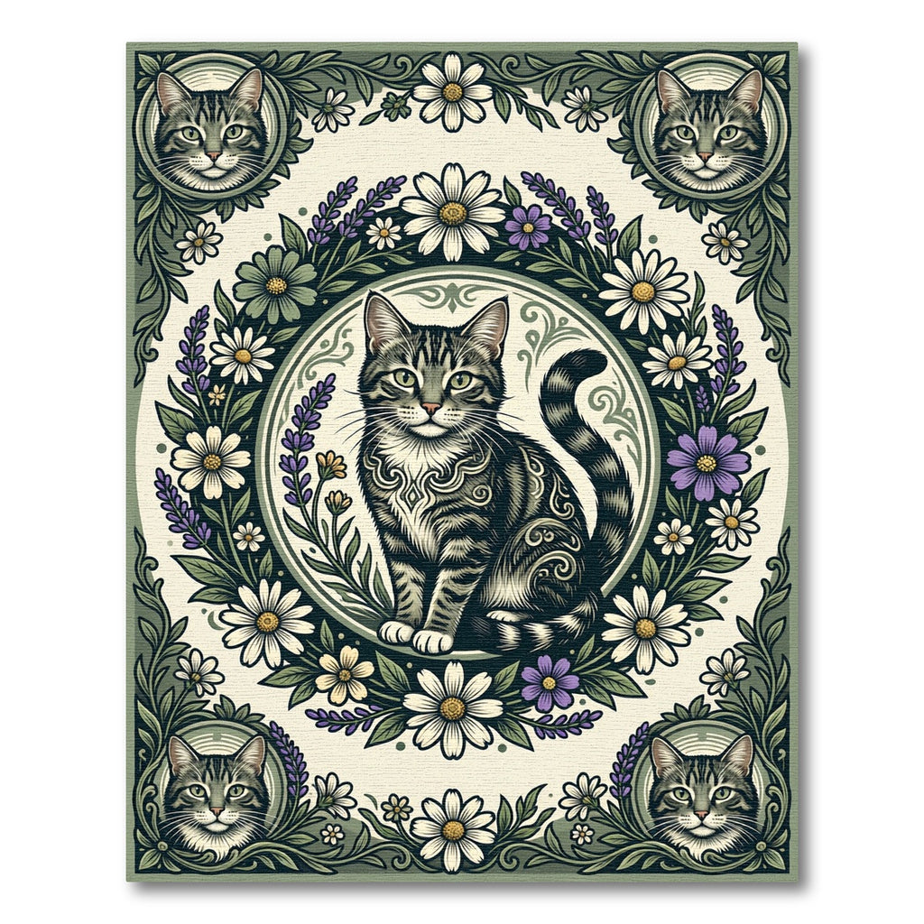 Botanical Tabby Cat Sage Floral Circular Rug