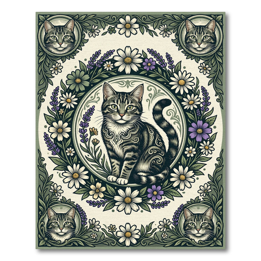 Botanical Tabby Cat Sage Floral Circular Rug