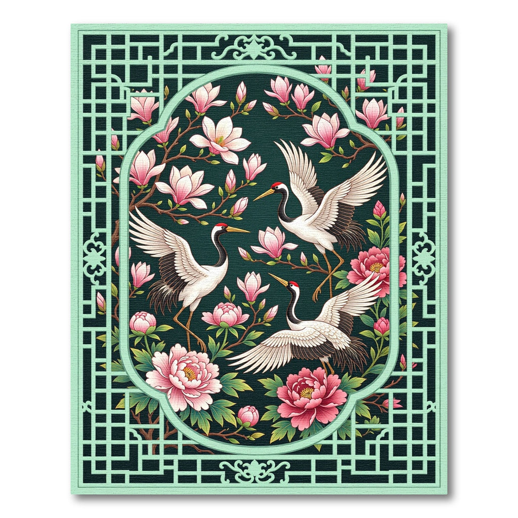 Elegant Crane Magnolia Sage Peony Art Rug