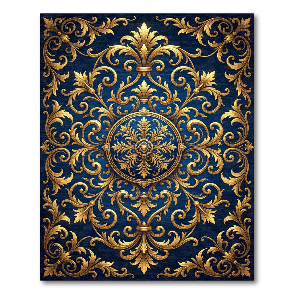 Royal Navy Gold Ornate Scroll Medallion Rug