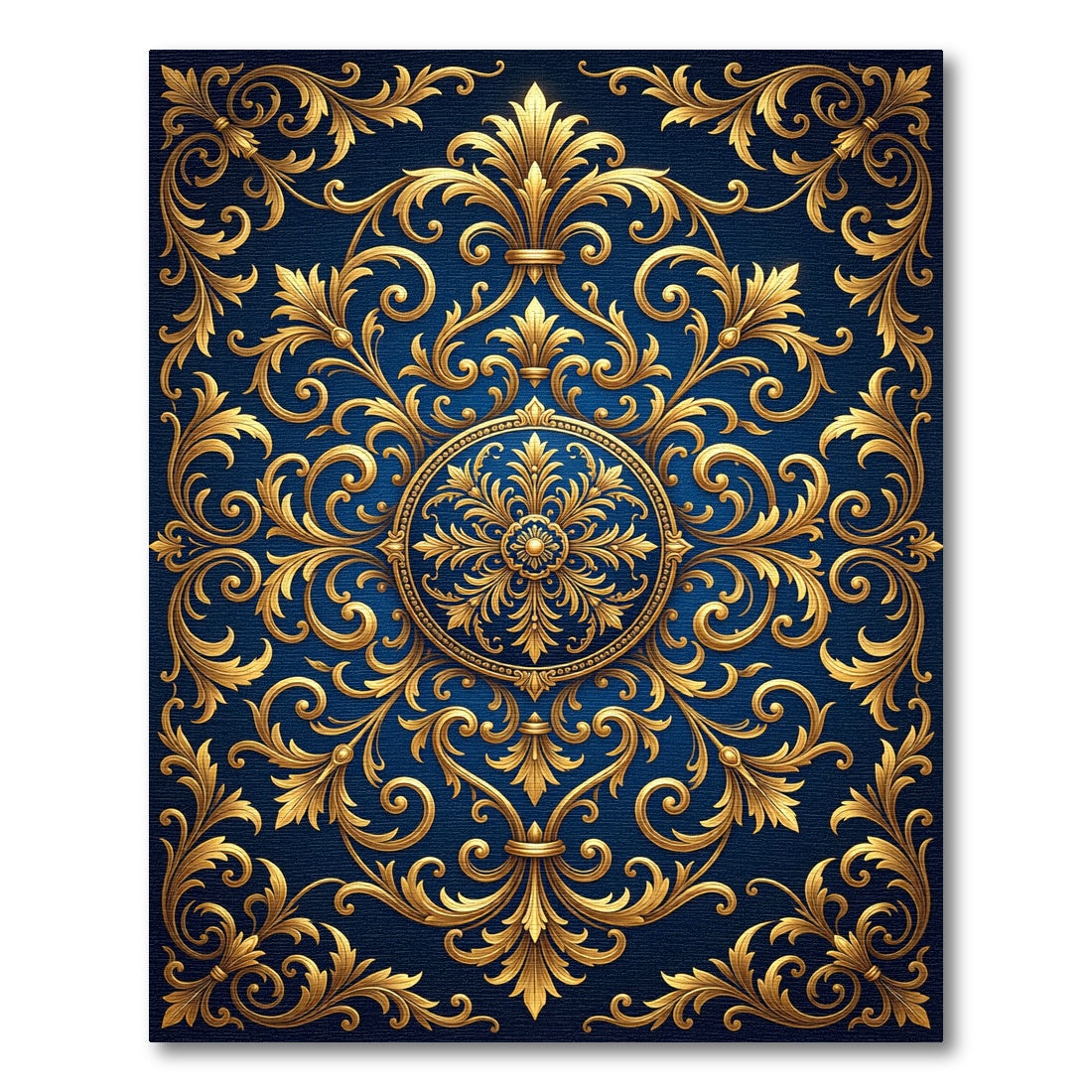 Royal Navy Gold Ornate Scroll Medallion Rug