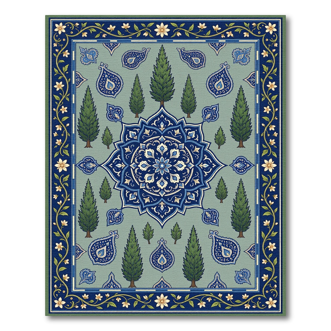 Serene Blue Cypress Tree Garden Medallion Rug