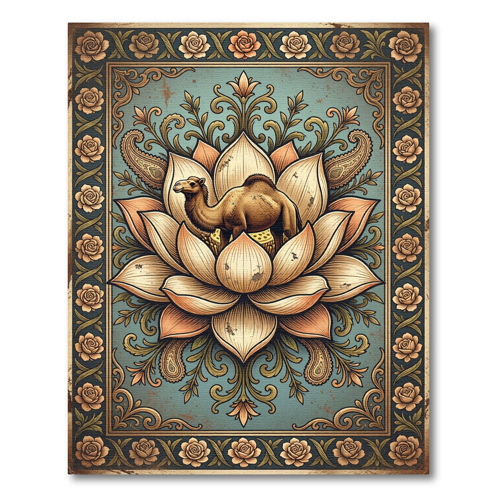 Vintage Camel Lotus Flower Tapestry Rug