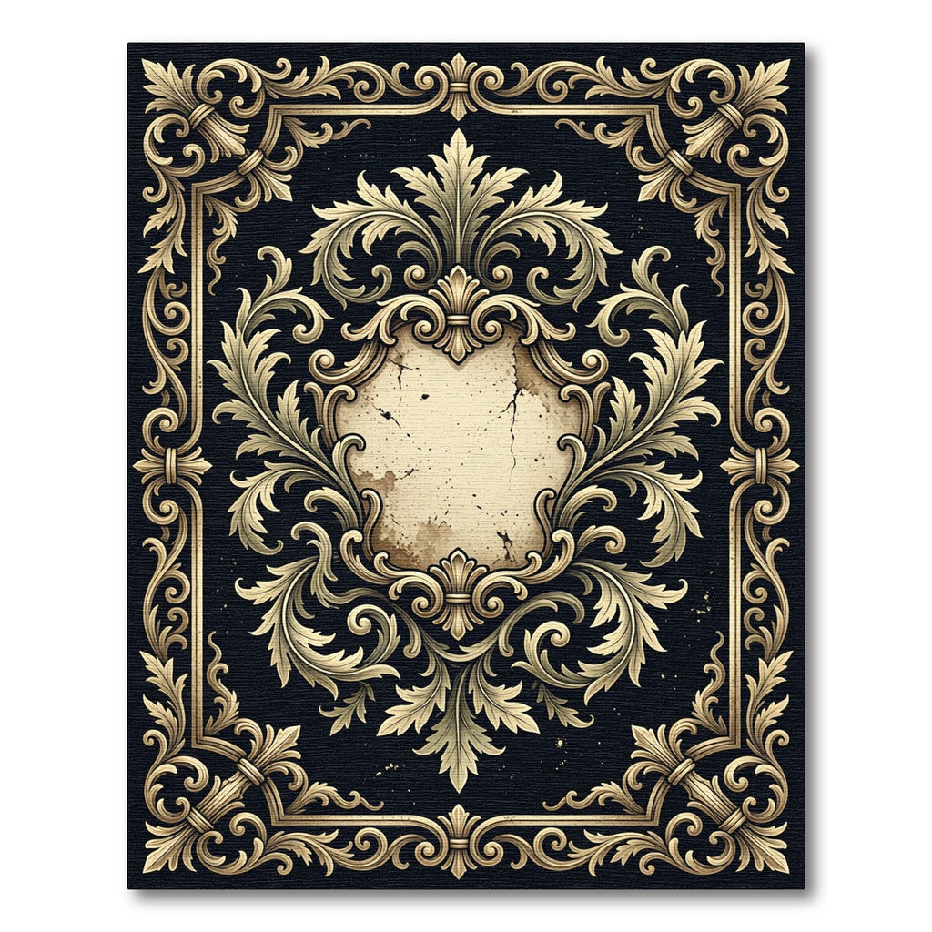 Ornate Gold Filigree Scroll Dark Frame Rug
