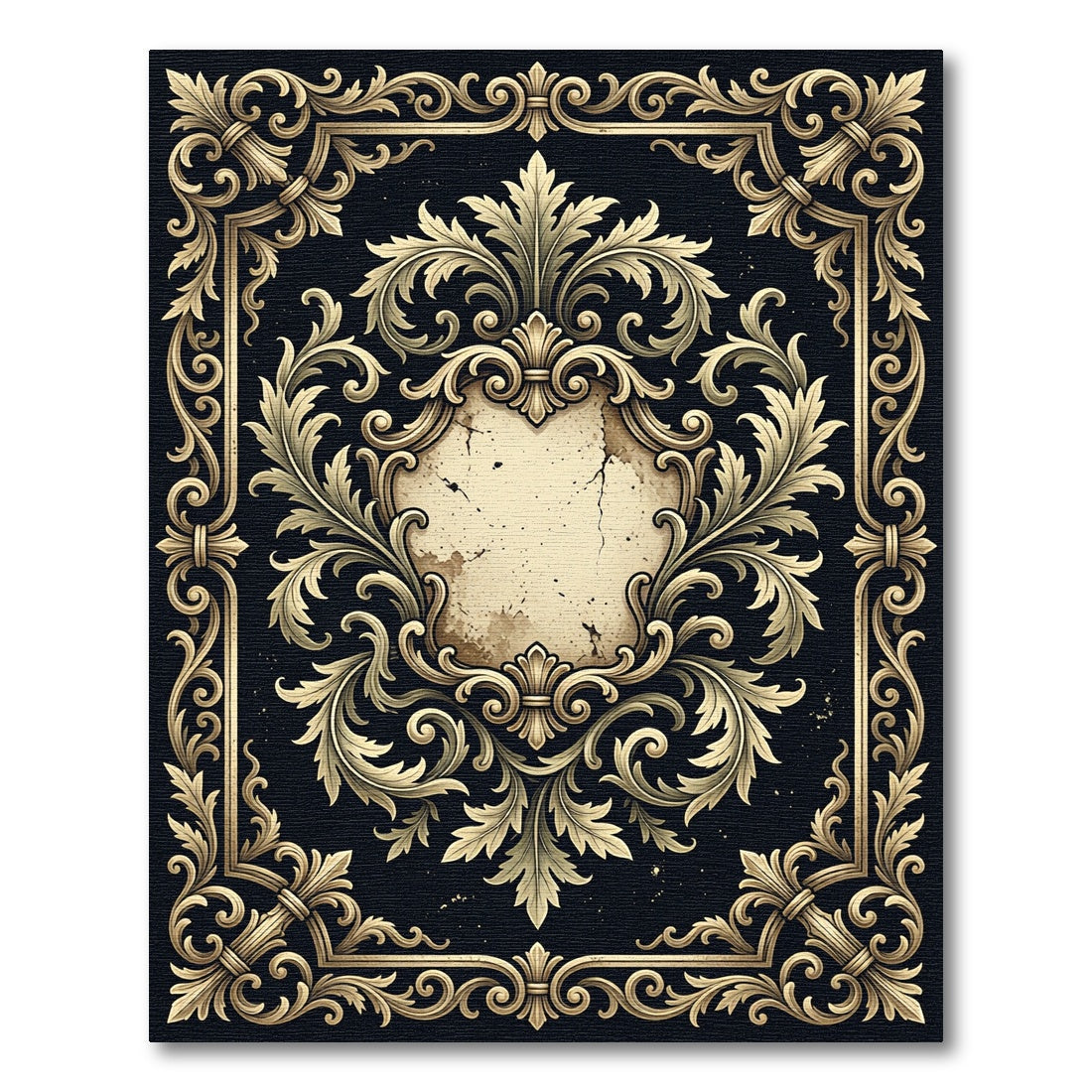 Ornate Gold Filigree Scroll Dark Frame Rug