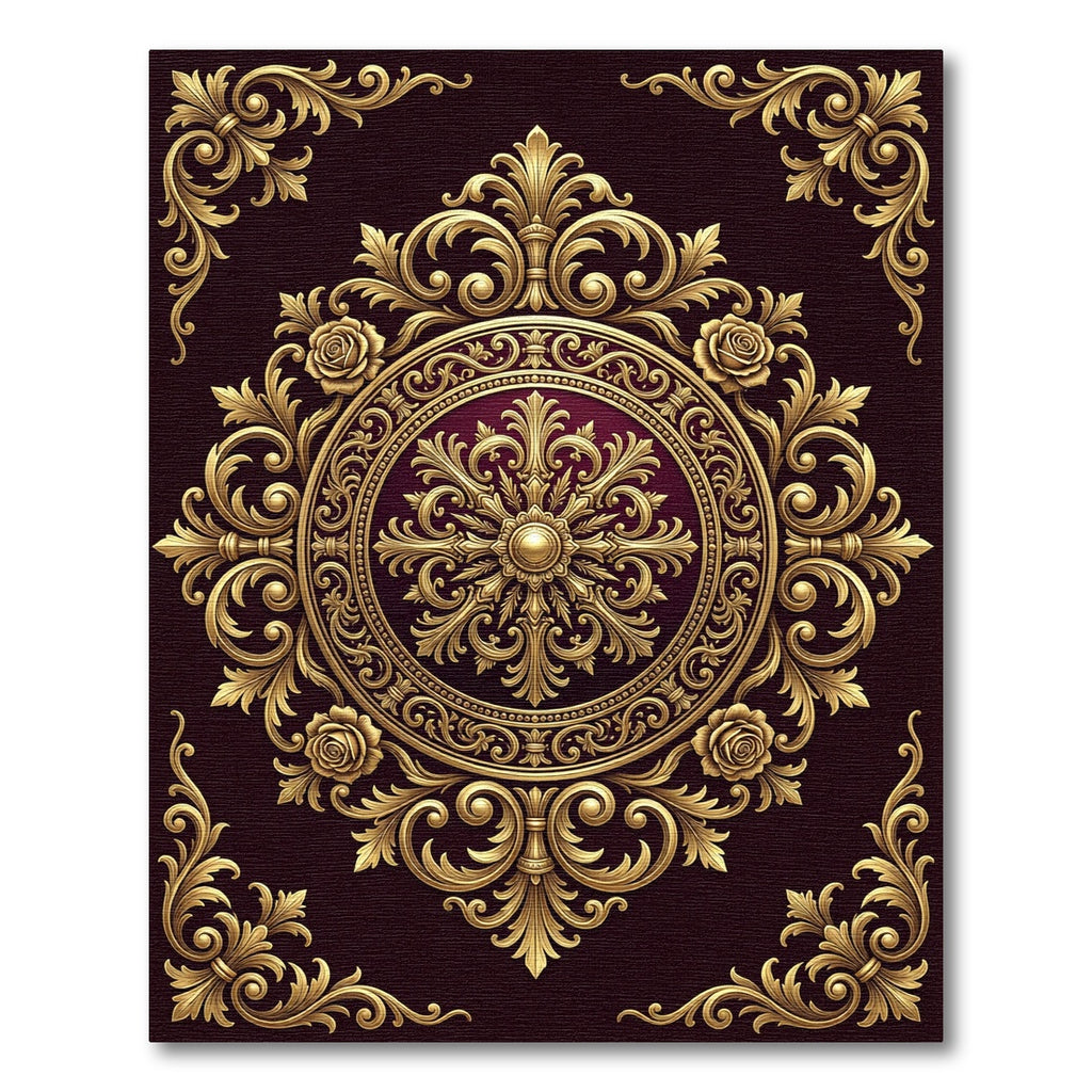 Ornate Gold Floral Medallion Burgundy Rug