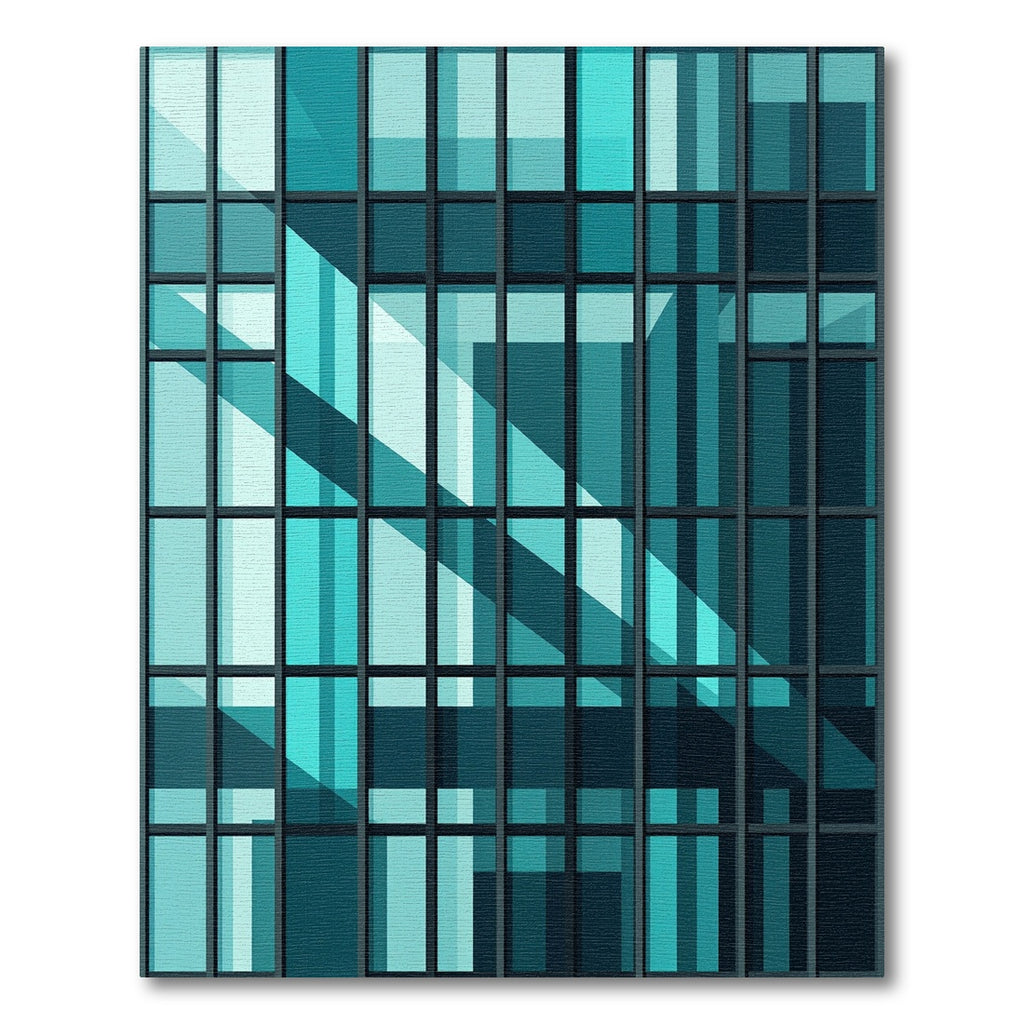 Modern Architectural Teal Grid Reflection Rug