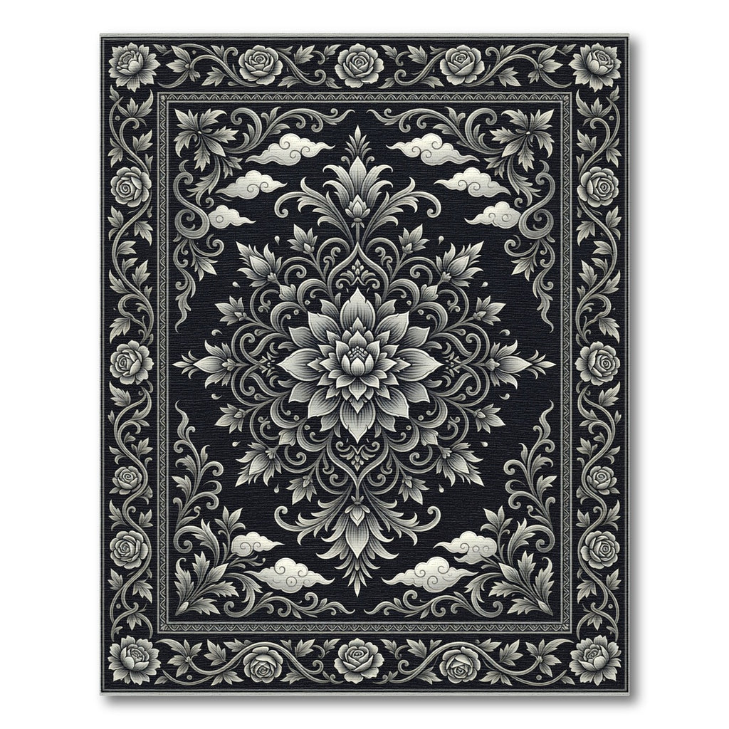 Ornate Black Silver Floral Cloud Rug
