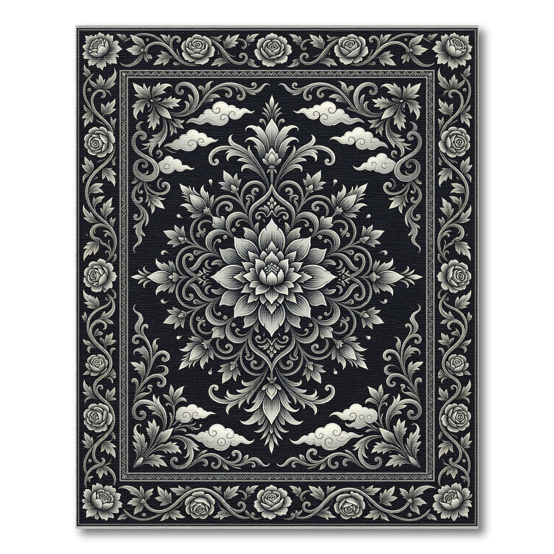 Ornate Black Silver Floral Cloud Rug