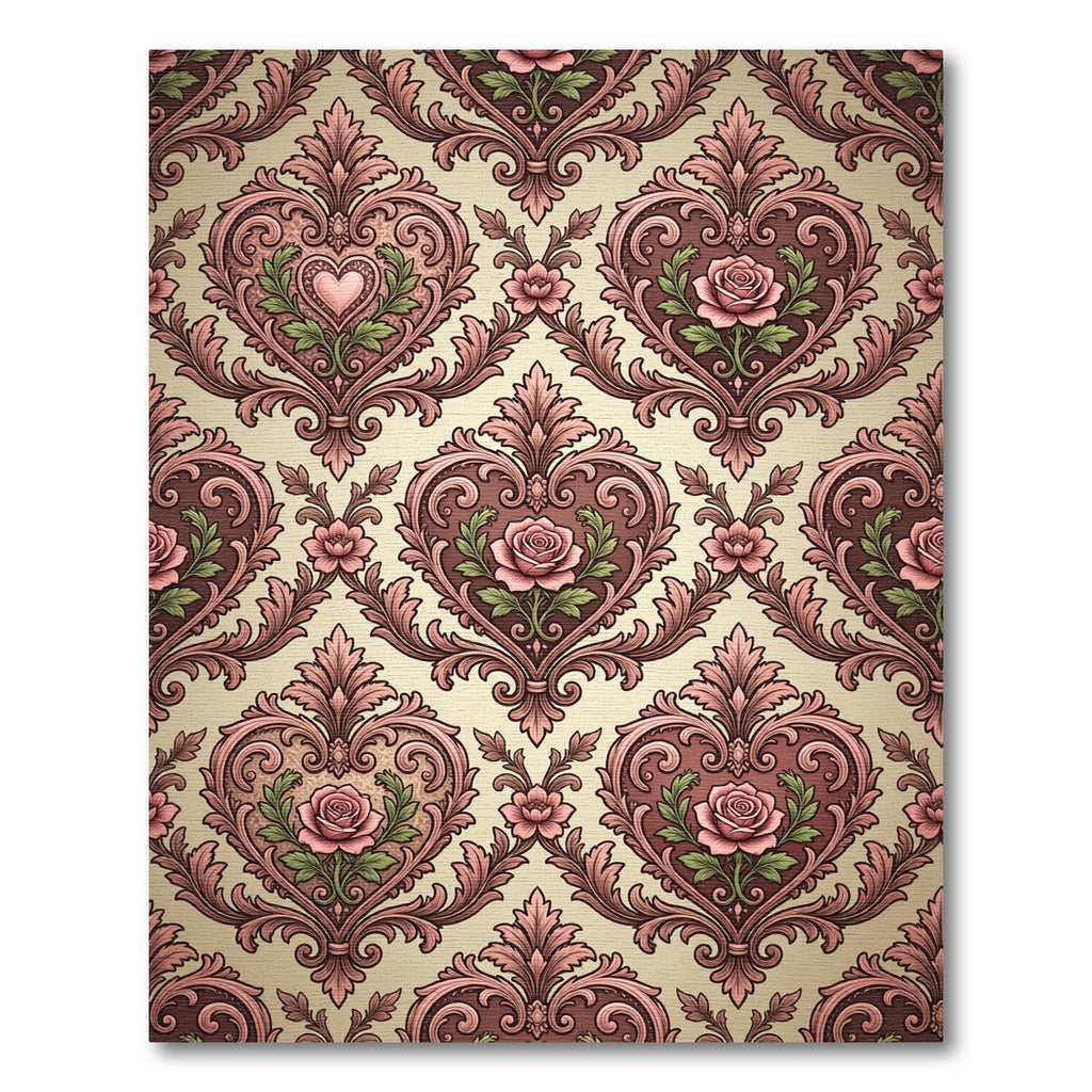 Vintage Rose Heart Scrollwork Damask Rug