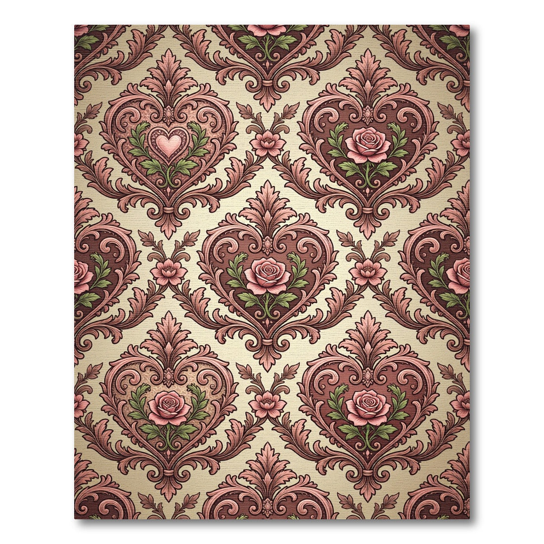 Vintage Rose Heart Scrollwork Damask Rug