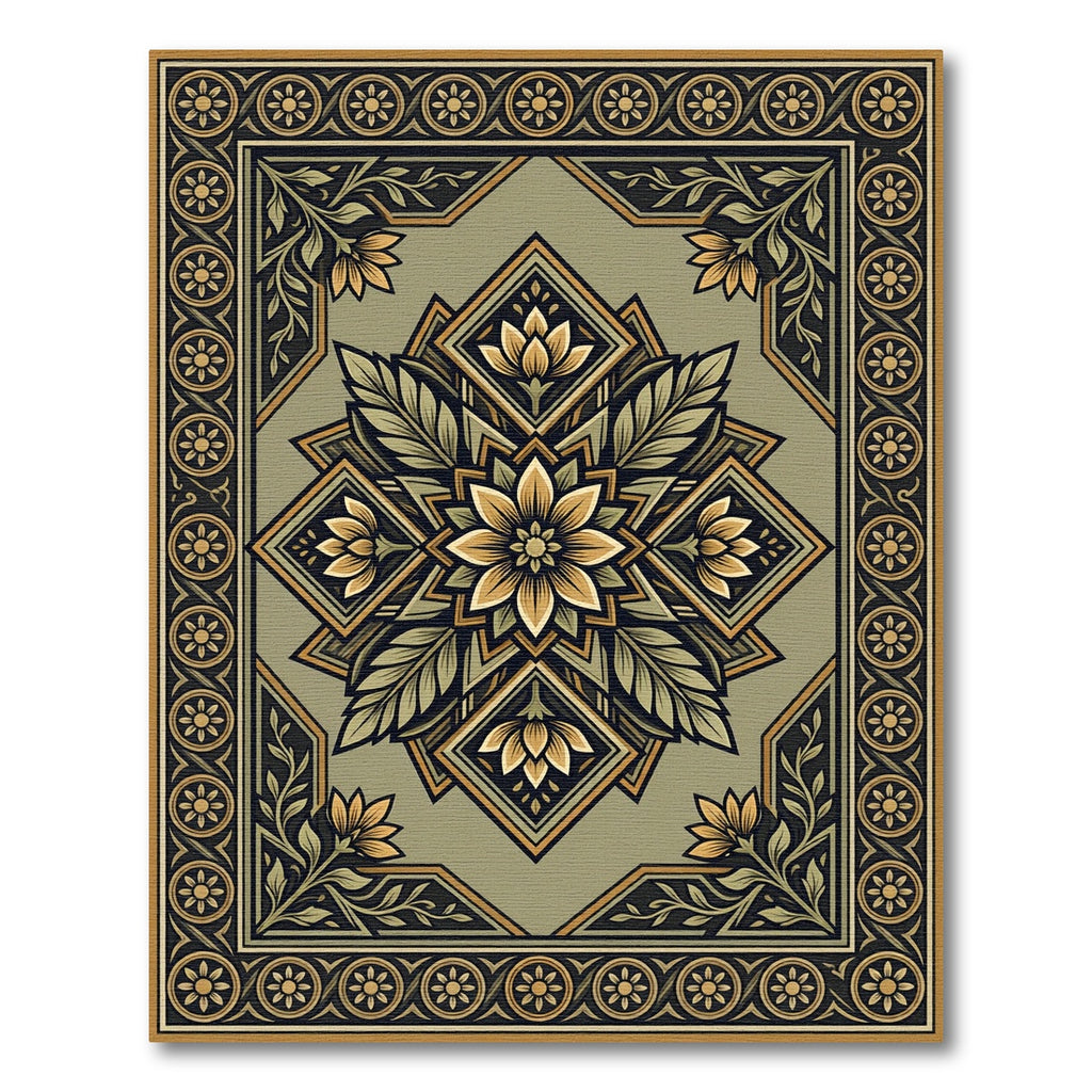 Olive Green Floral Medallion Border Rug