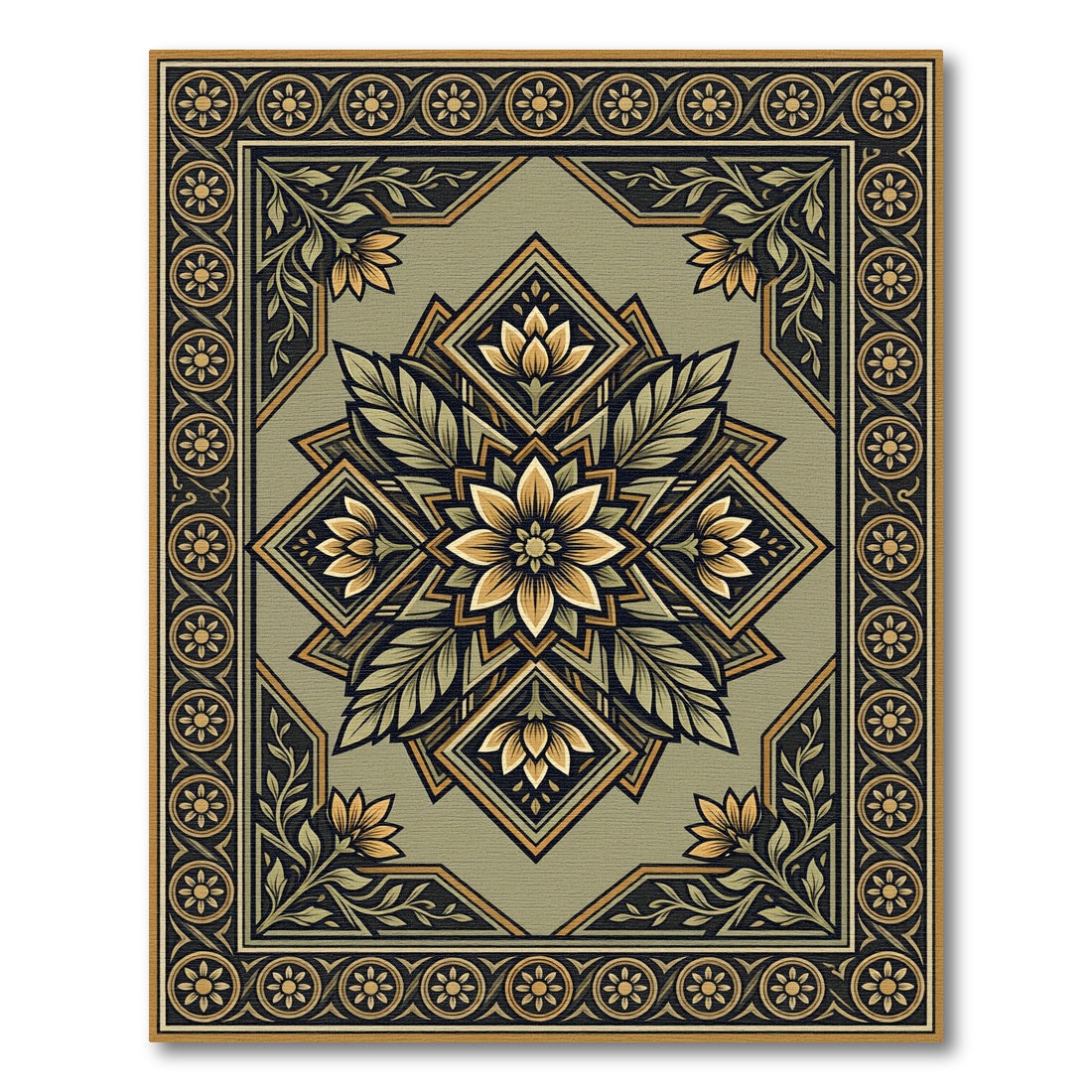 Olive Green Floral Medallion Border Rug