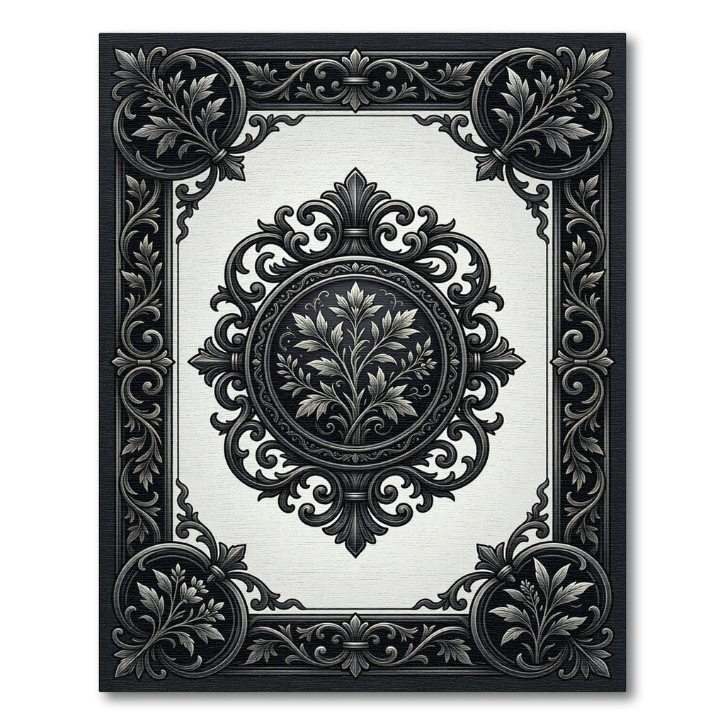 Ornate Black and White Scroll Leaf Rug