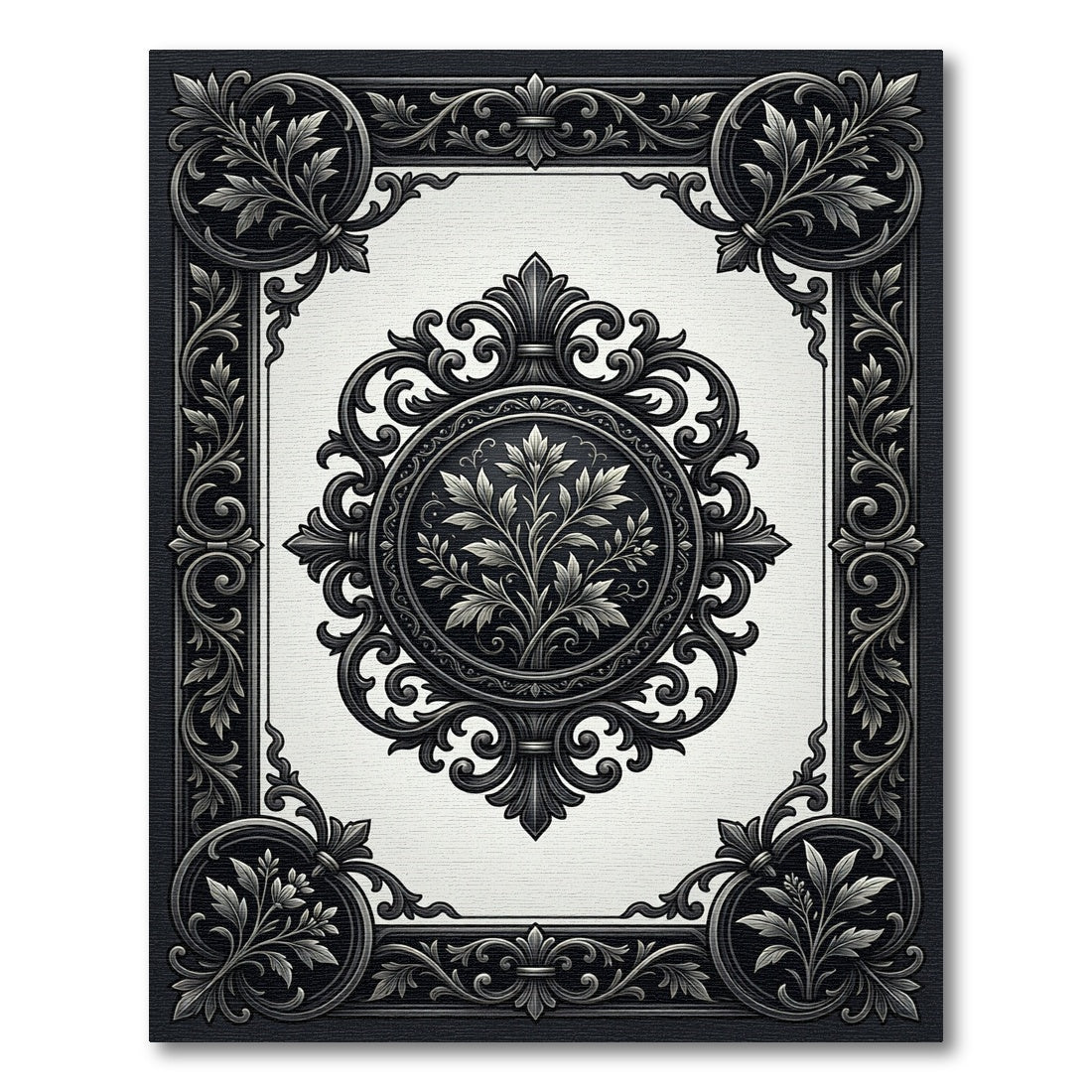 Ornate Black and White Scroll Leaf Rug