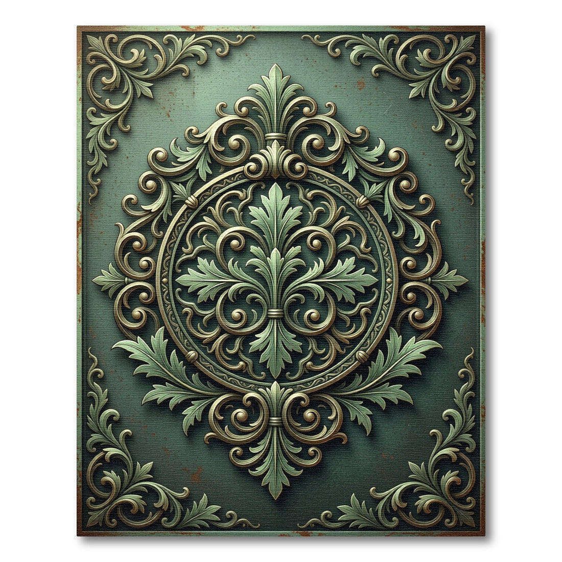 Ornate Sage Green Damask Medallion Rug