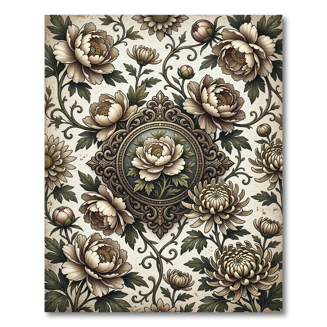 Vintage Cream Peony Floral Medallion Rug